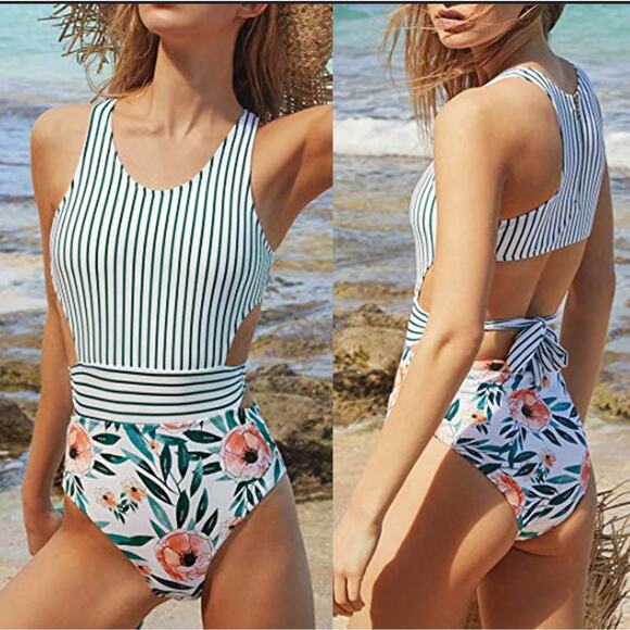 Cupshe Miss You Poppy One Piece Swimsuit Floral Stripe Size Large - Picture 1 of 12